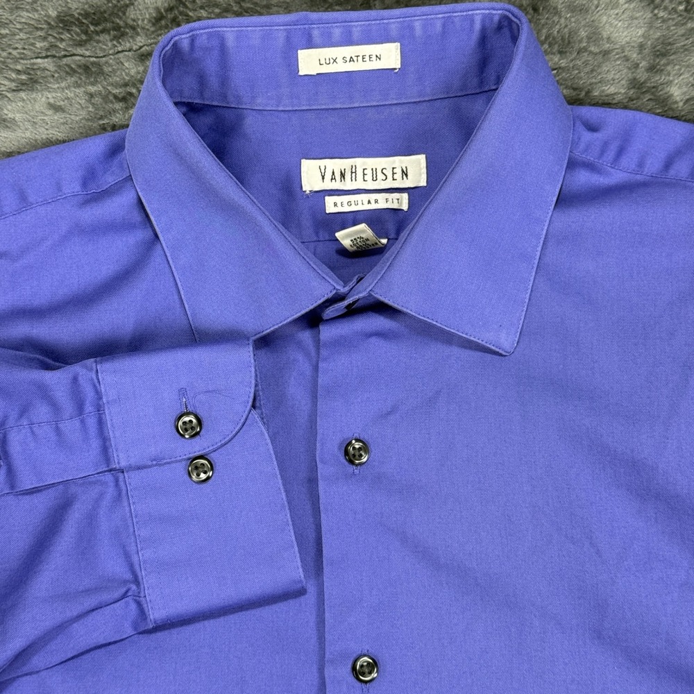 Van Heusen Button Down Shirt Mens 16.5 32/33‎ Purple Lux Sateen Regular Fit